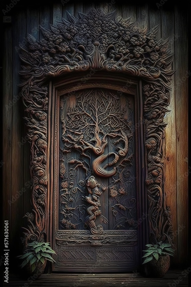 Old vintage carved floral wooden door background