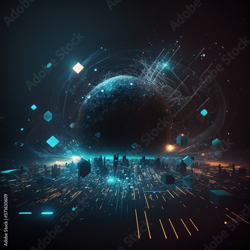 Global background with connecting lines around the Earth globe, futuristic technology theme background with circles and lines. Internet, social media, travel, or logistics concepts, generative ai