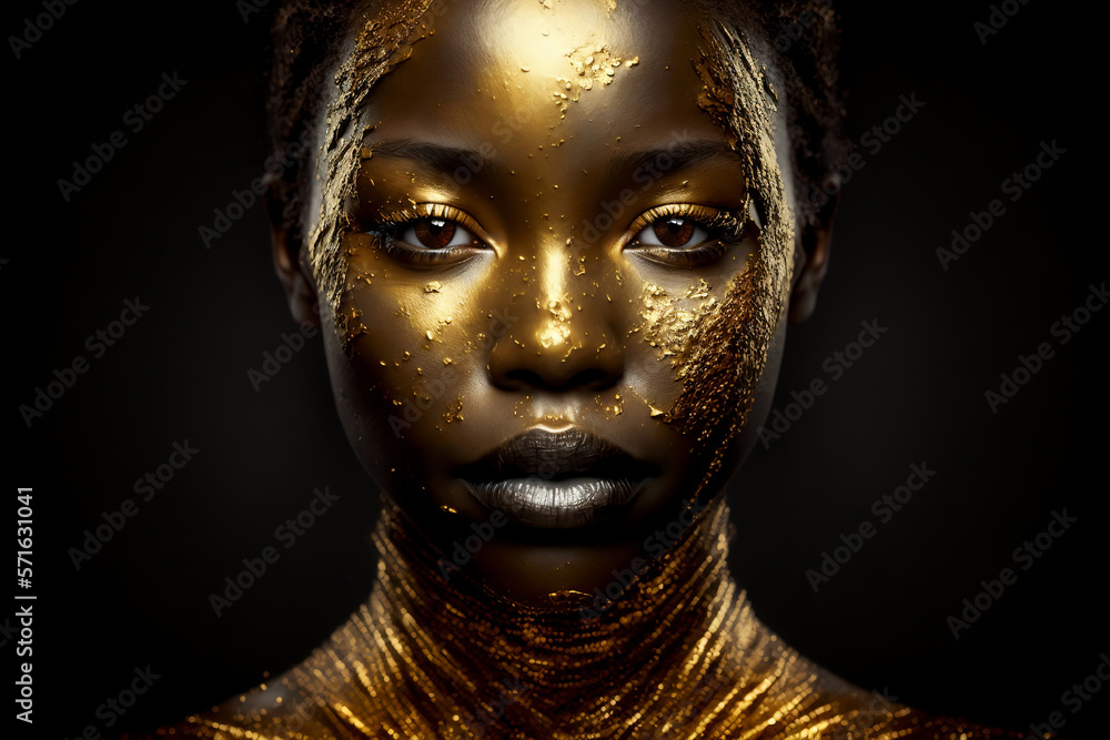 visage de femme façon portrait de mode, recouvert de feuilles d'or sur fond noir - illustration IA visage de femme façon portrait de mode, recouvert de feuilles d'or sur fond noir - illustration IA