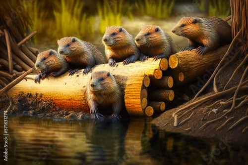 Group of Beavers building a wooden dam on the river. Generative AI