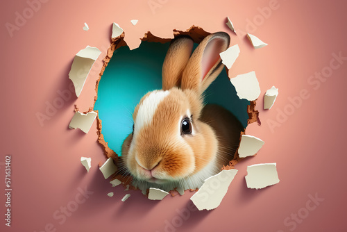 Rabbit tore a hole in a paper background, jumps out of a hole in a blue wall, fluffy eared rabbit, easter bunny banner, rabbit jumps out of a torn hole, Generative AI