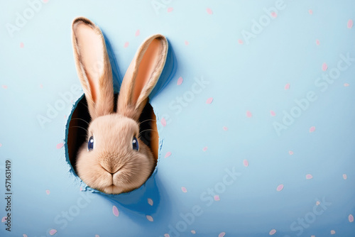Rabbit tore a hole in a paper background, jumps out of a hole in a blue wall, fluffy eared rabbit, easter bunny banner, rabbit jumps out of a torn hole, Generative AI