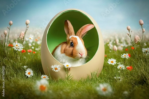 Fluffy rabbit peeks out of a big chocolate egg in a field of green grass and daisies, festival background, easter banner, pascal bunny, spring mood, ai generative