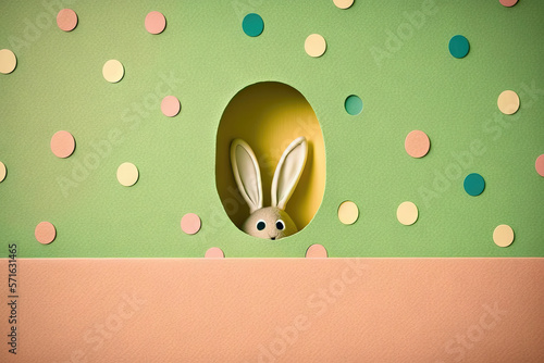 Childish cute bunny peeking out of a broken hole in a paper background, holiday background, easter bunny concept, banner, naive art, copy space, generative ai