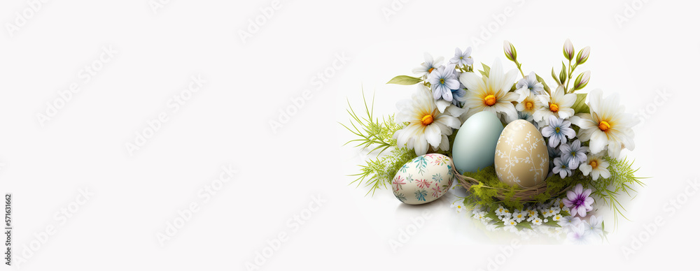 Happy easter. Congratulatory Easter background. Easter eggs and flowers. Ai generative Happy easter. Congratulatory Easter background. Easter eggs and flowers. Ai generative