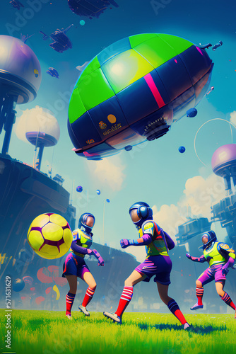 Astronauts playing soccer on alien planet near a space ship, tropical colors. Generative AI