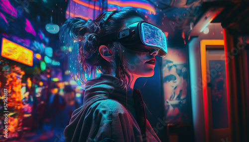 Woman in VR glasses, virtual reality headset walking through metaverse in cyber digital world night city, neon cyan lines. Mixed real and virtual reality worlds, AR. Generative AI.