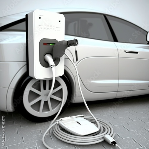 Electric vehicle plugged-in with cable from charging point powered for progressive concept by alternative clean energy rechargeable EV car at home charging station  generative ai