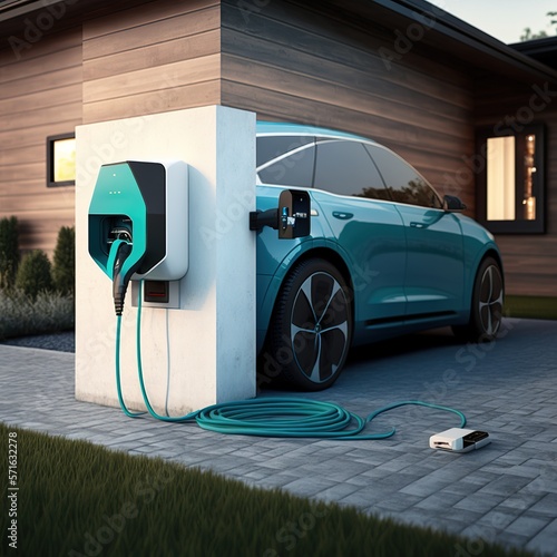 Plugged-in electric vehicle with charging cable powered for progressive concept by alternative clean energy rechargeable EV car at home charging station, generative ai photo