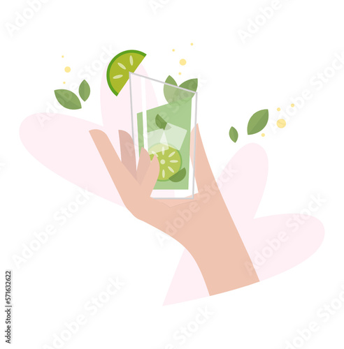 A woman's hand holds a glass of ice mojito. Refreshing drink in warm palms. Cocktail, glass of wine. Vector flat illustration .Mojito with mint leaves. Isolated on white background.
