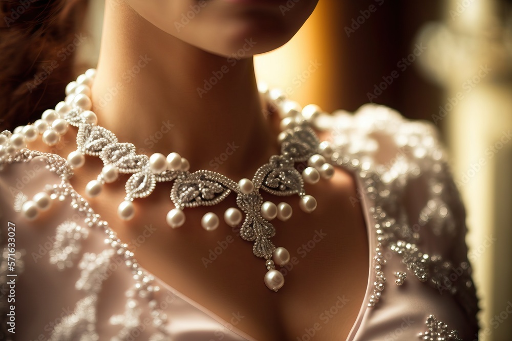 Pearl necklace be wearing by young woman in luxury cloth (Ai generated)