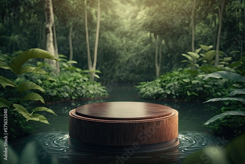 3D Wooden Round Podium Stage For Product With Forest Theme Generated AI
