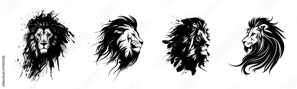 Obraz premium Vector set of lion head logo. Black and white style. The lion is the king of beasts. Ideal for postcard, book, poster, banner. Set icons. Vector illustration