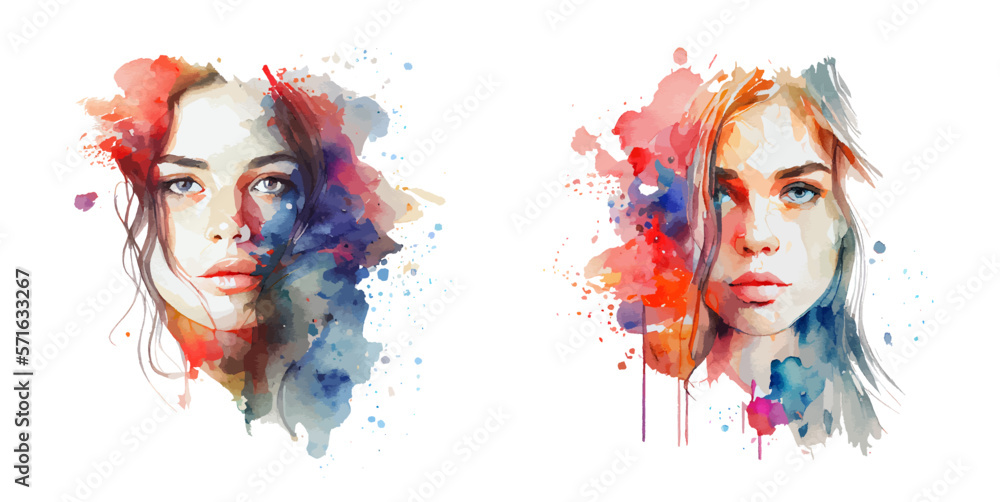 Naklejka premium Watercolor composition of a beautiful girl set isolated on a white background. Beautiful women, natural beauty. Ideal for postcard, advertisement, book, poster, banner. Beauty concept. Vector