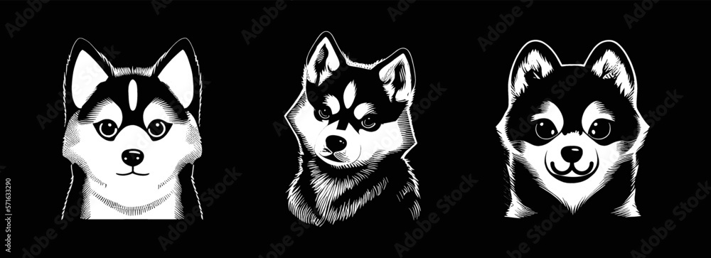 Fototapeta premium Vector cartoon set of head logo of cute husky, dog. Black and white style. Cute set of husky puppies. Friend of human. Ideal for postcard, book, poster, banner, event logo. Set of icons. Vector 