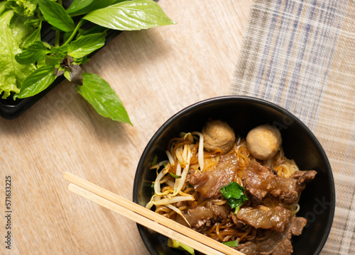 Noodles with beef and pork balls with soup Thai style. Thai peoples call Boat Noodles.Noodles with beef and pork balls with soup Thai style. Thai peoples call Boat Noodles. top view