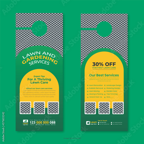 lawn care and gardening, lawn trimming, door hanger template, Or lawn mower and landscaping door hanger template vector layout