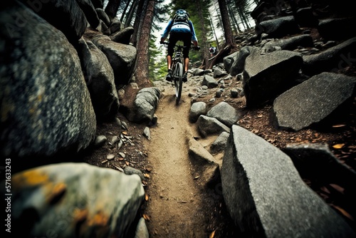 Mountain biking on a rocky or dirt trail (Ai generated) photo