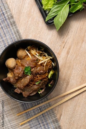 Noodles with beef and pork balls with soup Thai style. Thai peoples call Boat Noodles.Noodles with beef and pork balls with soup Thai style. Thai peoples call Boat Noodles. top view