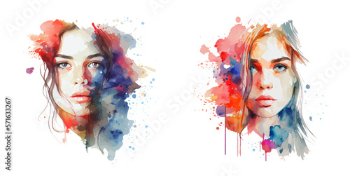 Watercolor composition of a beautiful girl set isolated on a white background. Beautiful women, natural beauty. Ideal for postcard, advertisement, book, poster, banner. Beauty concept. Vector