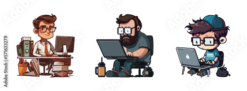 Cartoon composition of working programmer character set isolated on white background. Life style. Design for print, book, sticker, poster, merch. The concept of work, labor. Vector illustration