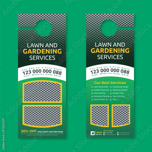 lawn care and gardening, lawn trimming, door hanger template, Or lawn mower and landscaping door hanger template vector layout