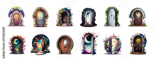 Cartoon set of fairy doors isolated on white background. Portal, a door to an unknown world. Design for game interface, book, sticker, poster. Games concept. Vector illustration