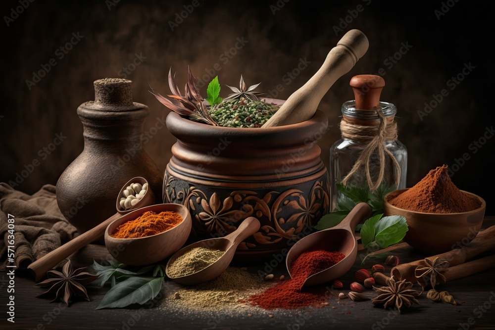 Herbs and spices arranged, Healthy nature food (Ai generated) Herbs and spices arranged, Healthy nature food (Ai generated)