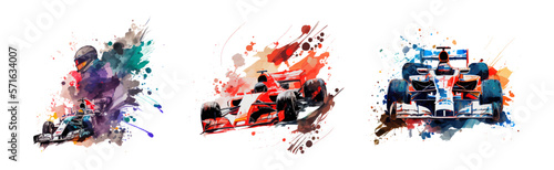 Watercolor composition racing car set isolated on white background. Car, race, competition. Ideal for postcard, advertisement, book, poster, banner. The concept of confrontation. Vector illustration
