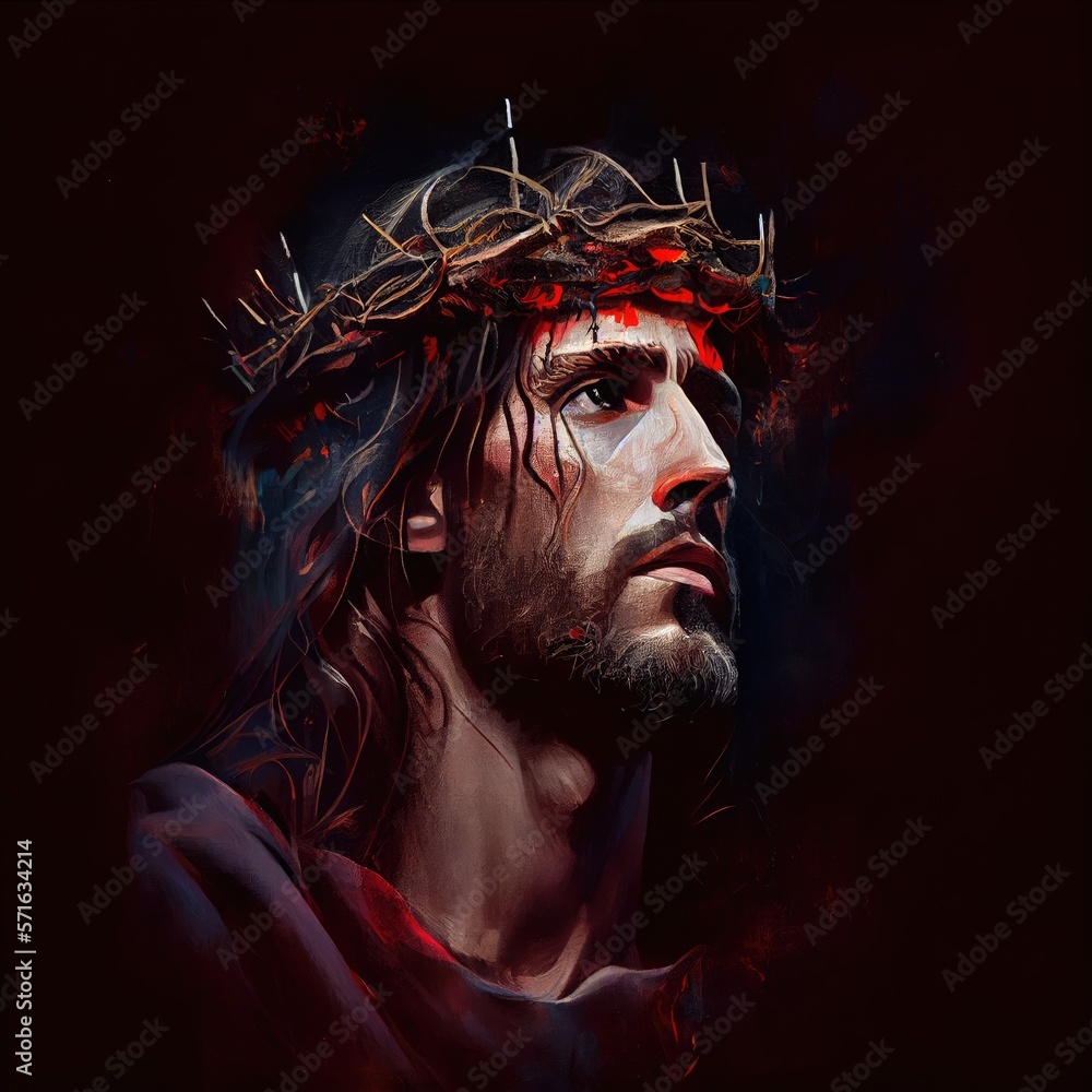 Portrait of Jesus Christ wearing a crown of thorns. Universal pedestrian painting. Generative AI. Portrait of Jesus Christ wearing a crown of thorns. Universal pedestrian painting. Generative AI.