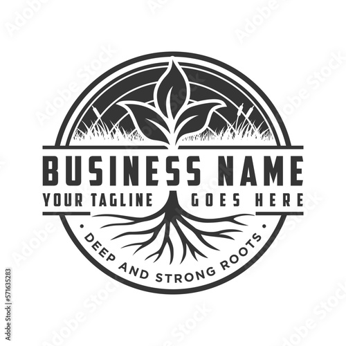 Plant nature tree roots logo emblem silhouette isolated, landscaping service logo with grass icon