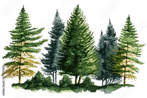 Illustration of a grove of fir trees in watercolor. piece of a green woodland background. luxuriant conifer drawn by . Natural spruce trees and bushes that are evergreen. Bushes and a fir tree on a wh