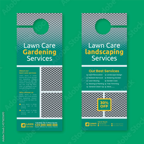 lawn care and gardening, lawn trimming, door hanger template, Or lawn mower and landscaping door hanger template vector layout