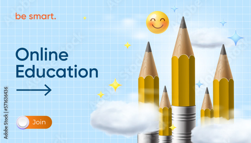Online Education web banner with pencils and clouds. Back to school template, ad, landing page or poster for web design, startup or courses