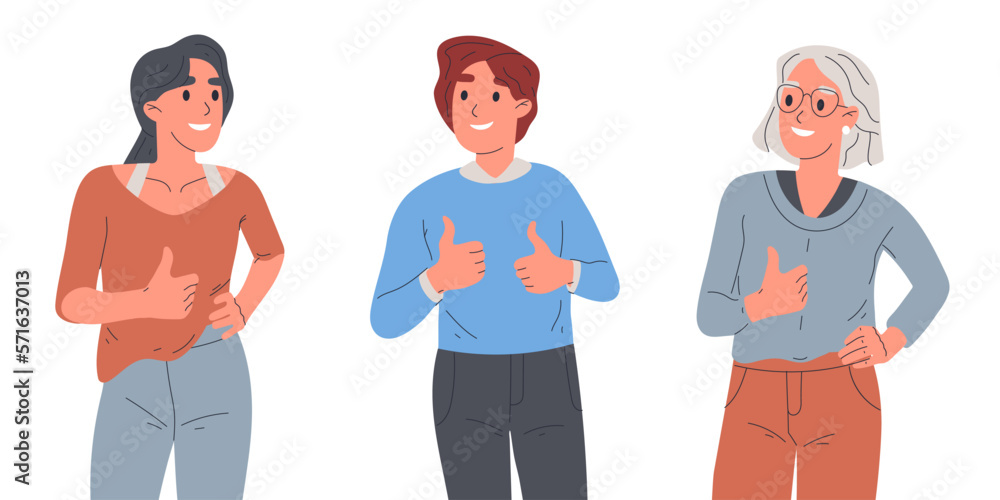 People show thumbs up signs. Cheerful man and women with positive like approval gestures, happy person body language flat cartoon vector illustration People show thumbs up signs. Cheerful man and women with positive like approval gestures, happy person body language flat cartoon vector illustration