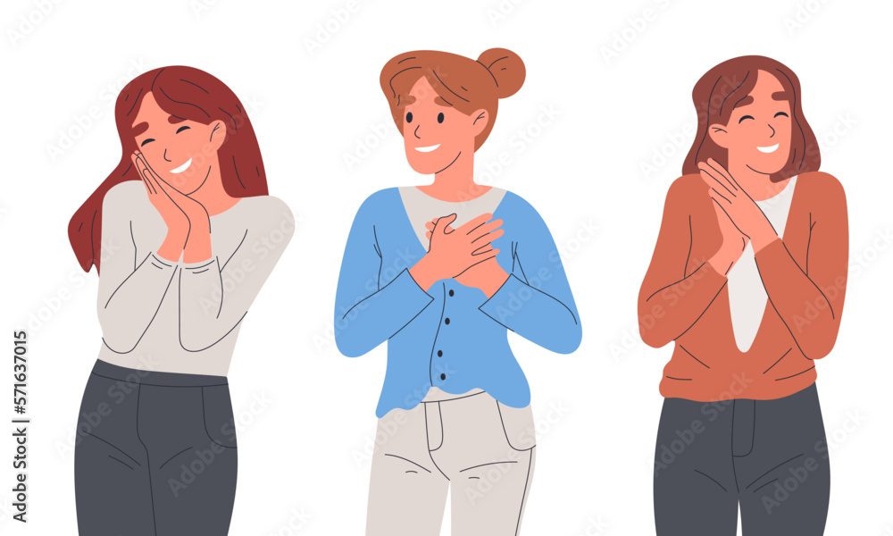 Women showing tender emotion. Females tenderness emotions, smiling girls character positive body language flat cartoon vector illustration Women showing tender emotion. Females tenderness emotions, smiling girls character positive body language flat cartoon vector illustration