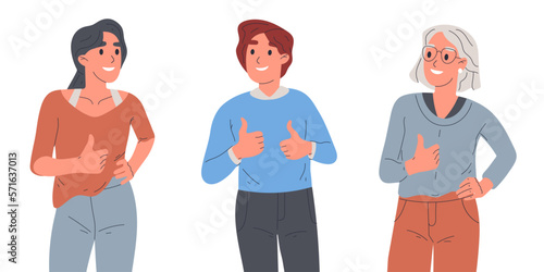 People show thumbs up signs. Cheerful man and women with positive like approval gestures, happy person body language flat cartoon vector illustration
