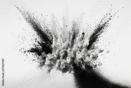 charcoal specks on a white background, abstract powder splatters on a white background, and freeze frames of black powder being thrown or exploding. Generative AI