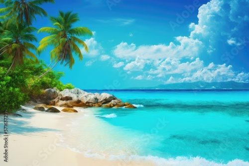 Sunny tropical Caribbean beach  hot summer day  caribbean island vacation  turquoise water. Generative AI