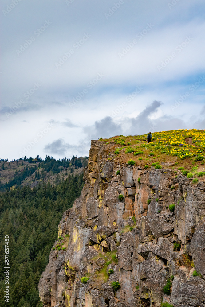 Single Hiker Alone on Cliff on Cloudy Day in Spring at Coyote Wall in the Columbia River Gorge in Oregon & Washington