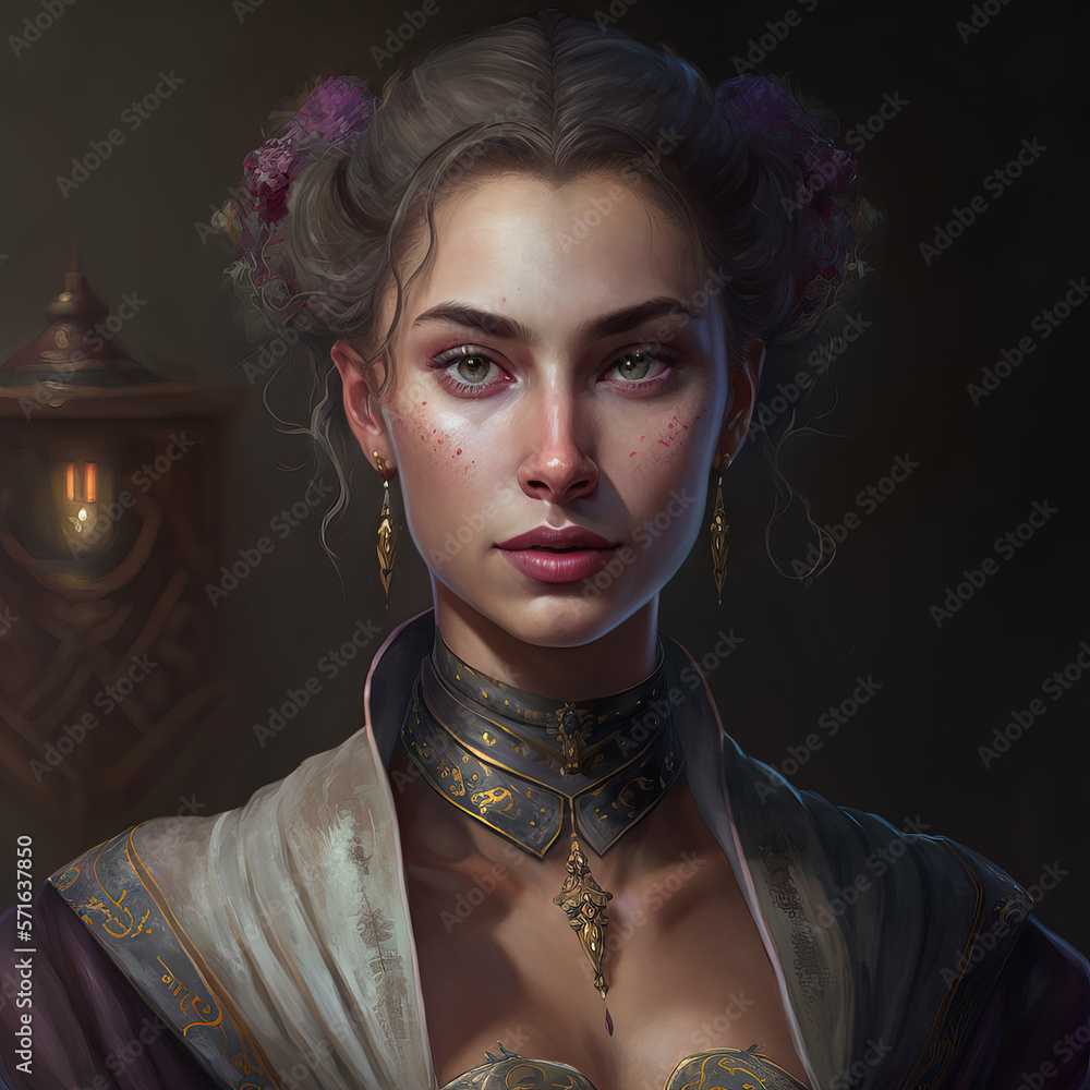 Realistic yet stylized portrait of a woman wearing elaborately crafted ...