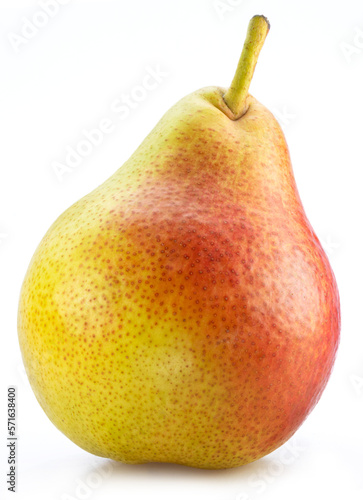 Ripe yellow pear with red side isolated on white background.