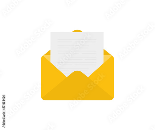 Open envelope with a document. New letter logo design. Opened envelope with note paper. Document enclosed in an envelope. Delivery of correspondence or office documents vector design and illustration.
