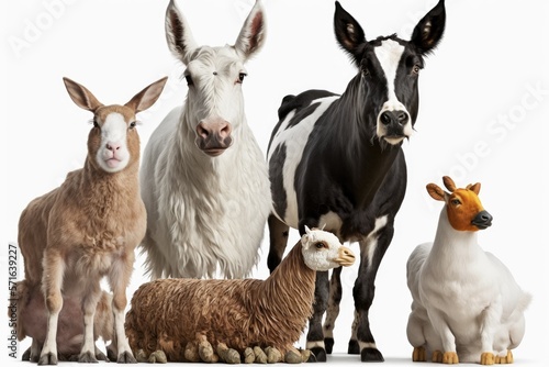 Farm animals in a group  isolated on white. Generative AI