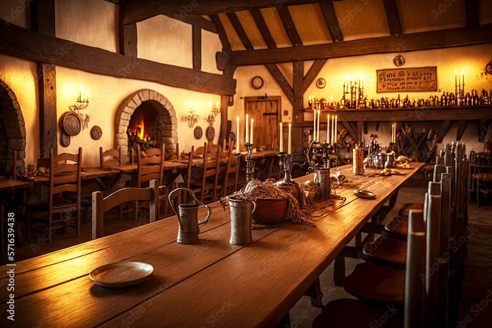 western european medieval tavern with long table and seats on blurry