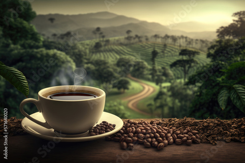 A coffee cup filled with freshly hot roasted coffee in the background of a plantation. AI generative