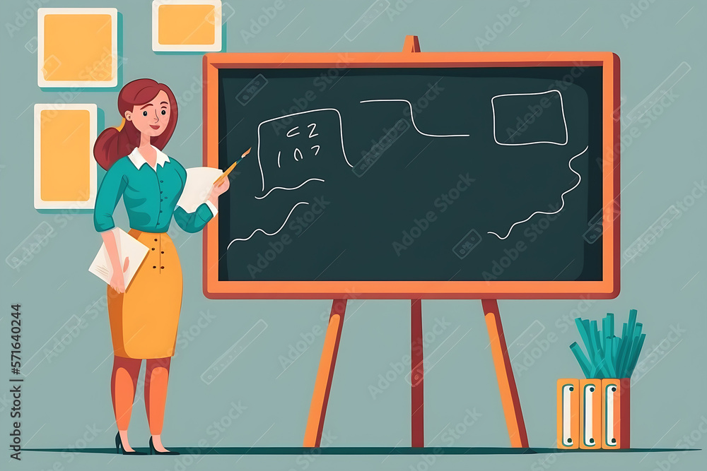 Flat vector illustration Young happy school teacher, female trainer pointing at blank blank mockup blackboard in classroom showing business... Flat vector illustration Young happy school teacher, female trainer pointing at blank blank mockup blackboard in classroom showing business...