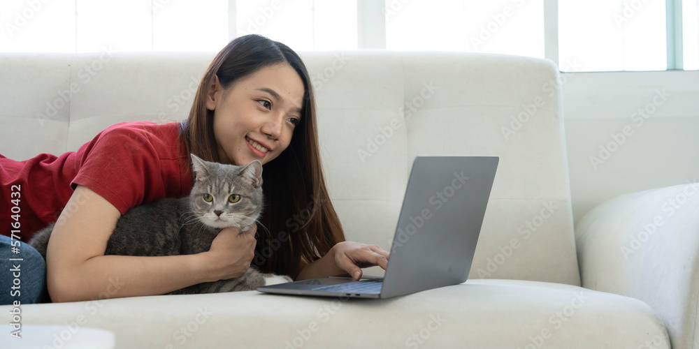Pretty young woman using laptop and her beautiful cute thai cat sitting on the coach by the window, backlit warm light. Enjoying leisure time at home. Pretty young woman using laptop and her beautiful cute thai cat sitting on the coach by the window, backlit warm light. Enjoying leisure time at home.
