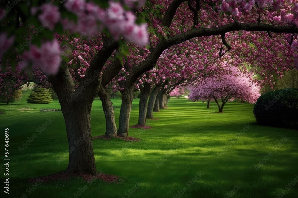 A lush green lawn surrounds an ornamental garden with imposingly flowering huge cherry trees. Generative AI A lush green lawn surrounds an ornamental garden with imposingly flowering huge cherry trees. Generative AI