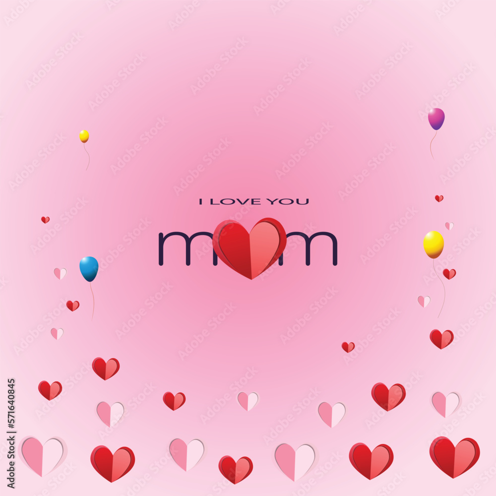 Postcard for Mother's Day with a bouquet of soaring balloons sky background. Postcard template in 3D with multicolored balloons honoring mom